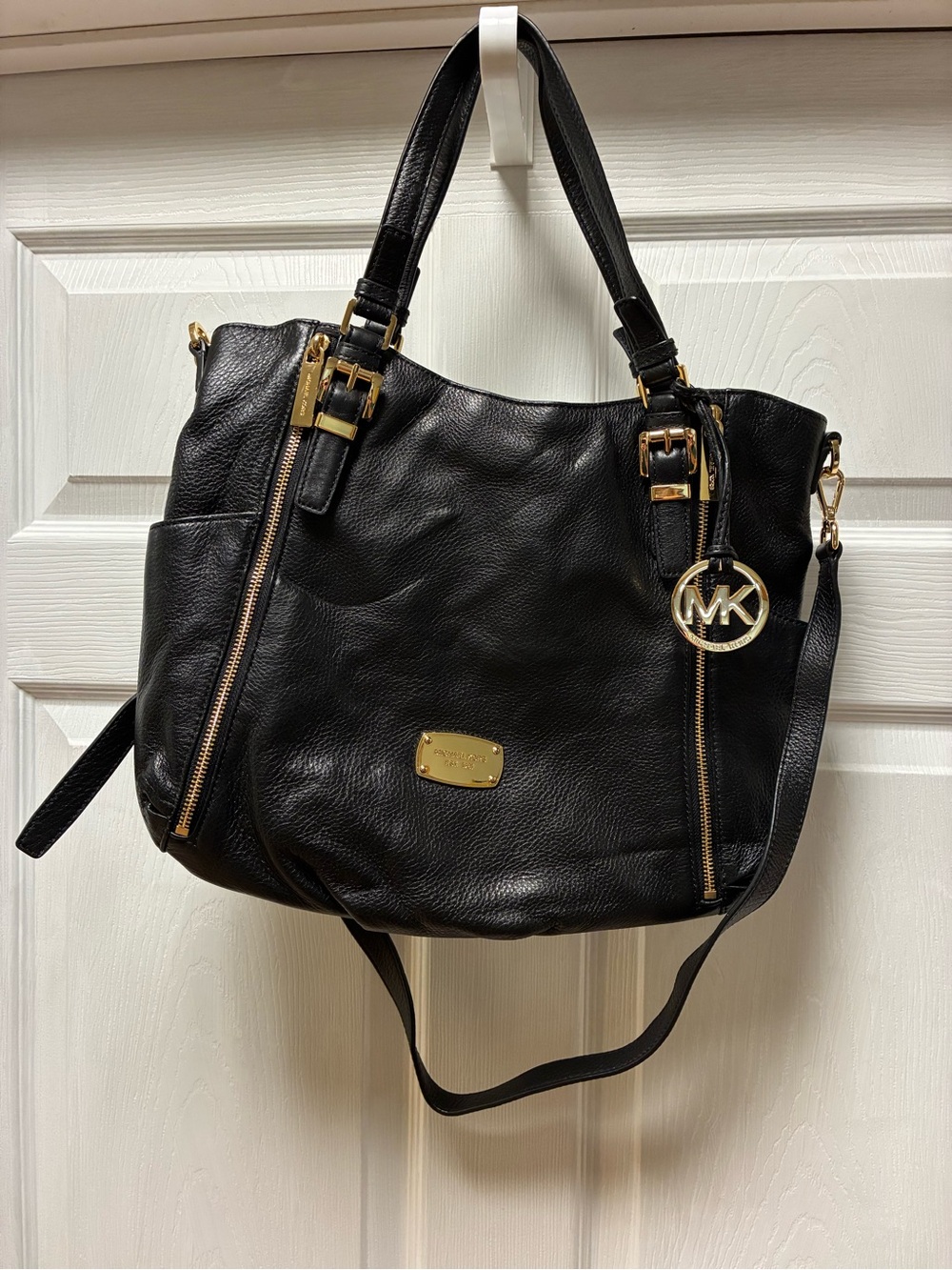 Michael Kors Black Leather Shoulder Tote with Gold Accents